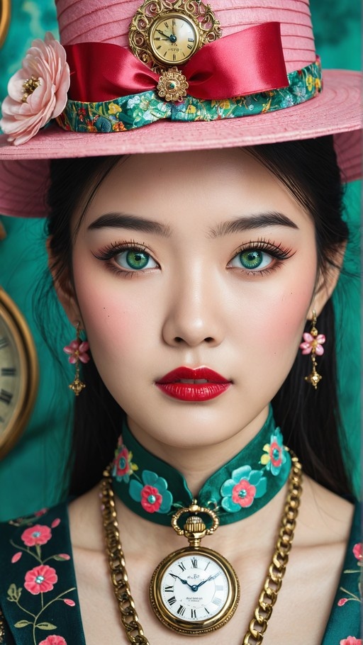 A close-up portrait of a young woman with long black hair and bright green eyes, wearing an ornate pink hat decorated with a flower and a gold pocket watch, along with a floral choker and a matching necklace featuring another pocket watch.