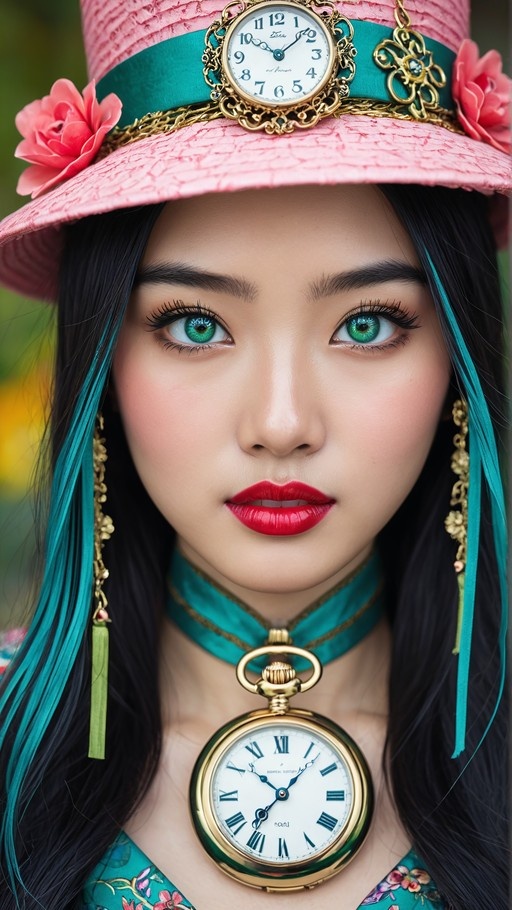 A close-up portrait of a woman with long black hair featuring teal streaks, wearing a large pink hat adorned with flowers and an ornate clock, along with a matching large pocket watch hanging from her neck.