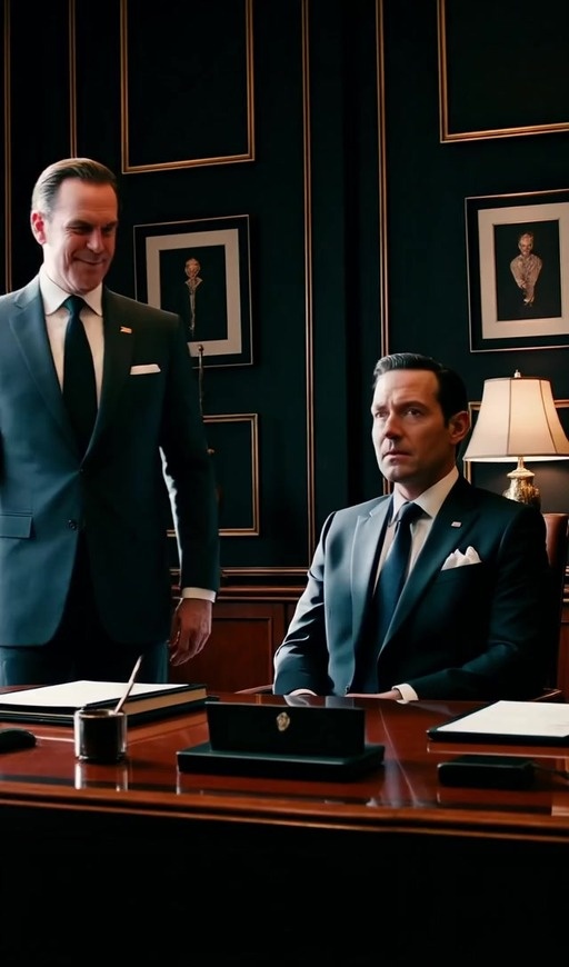 Two men in black suits and ties interact at a large wooden desk in a room with dark blue paneled walls.