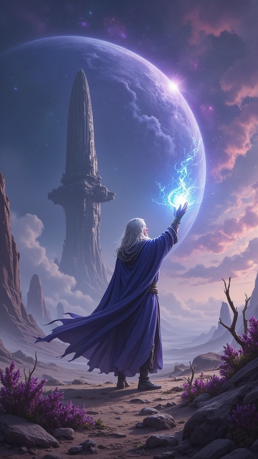 A white-haired wizard in a blue robe stands on rocky terrain casting a glowing blue energy orb toward a massive planet in the sky.