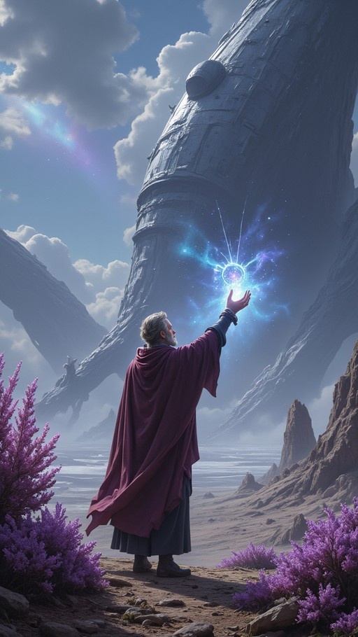 A bearded wizard in a purple cloak reaches out to touch a floating blue magical orb against a backdrop of giant rock formations and purple flowers.