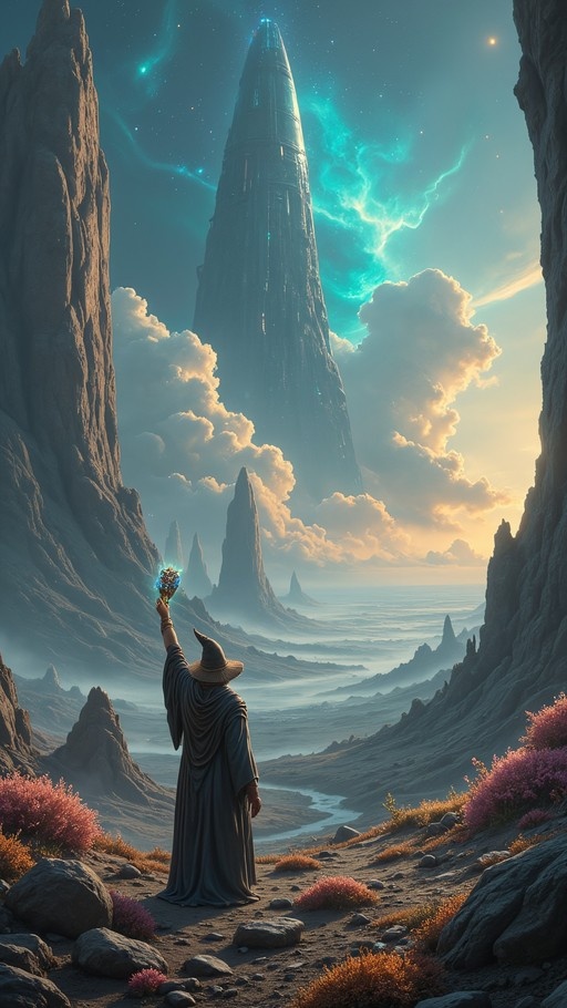 A wizard in a black robe and pointed hat stands on a rocky cliff holding up a glowing blue orb, looking towards a tall dark tower in the distance under a cloudy sky.