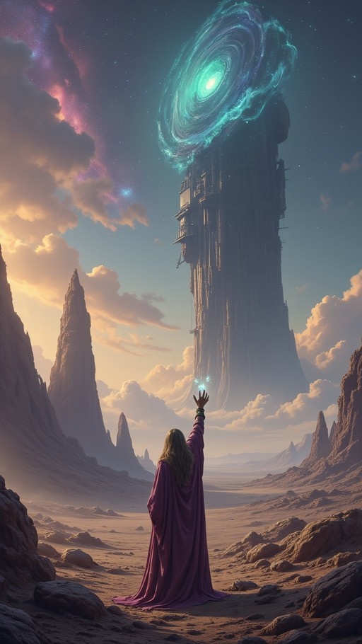 A blonde figure in a purple robe stands in a rocky desert, reaching toward a massive floating tower topped with a swirling blue-green cosmic vortex.