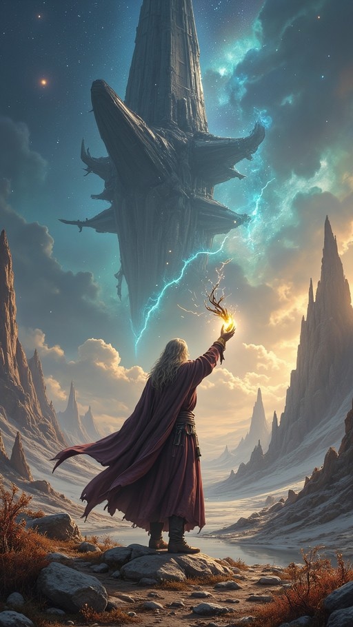 A wizard in a purple robe stands on rocks reaching up with a glowing hand to connect blue lightning to a giant floating structure in the sky.
