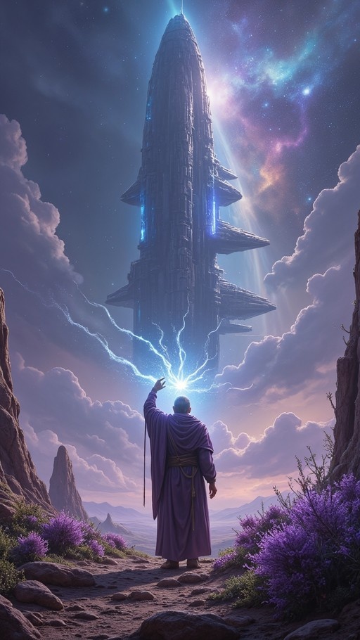 A wizard in a purple robe stands on a rocky path, raising a hand to channel blue lightning toward a massive dark structure floating in a starry night sky.