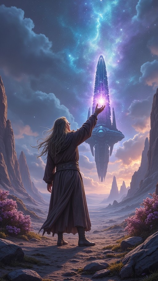 A person in a brown robe reaches up to touch a floating spaceship in a starry night sky above a rocky landscape.