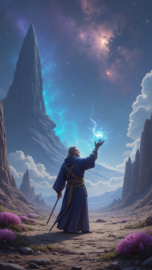 A wizard in a blue robe stands in a rocky canyon reaching up to conjure a glowing blue orb of magic under a starry sky with purple flowers.