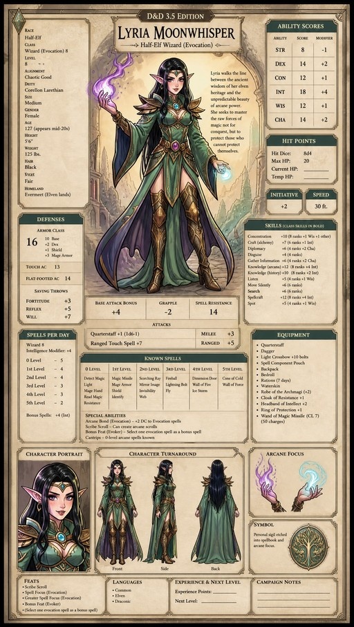 A Dungeons & Dragons 3.5 Edition character sheet featuring Lyria Moonwhisper, a half-elf wizard in green armor casting purple magic, with detailed stats and multiple view panels.