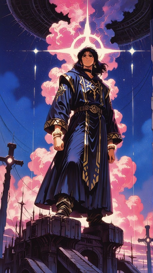 A dark-haired young man in a long blue robe with gold trim stands on top of a stone ruin under a dramatic sky filled with pink clouds and a bright starburst light.