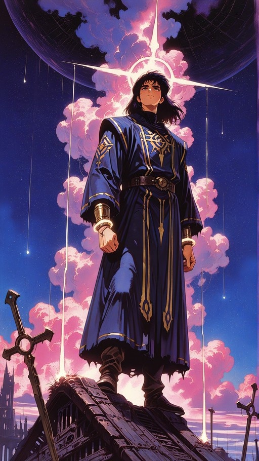 A dark-haired anime character stands tall on crumbling ruins, clad in an ornate blue robe with gold trim and golden bracers. Behind him, pink clouds drift beneath a massive celestial body in a starry night sky while streaks of light fall like meteors. A sword rests planted in the rubble to his side.
