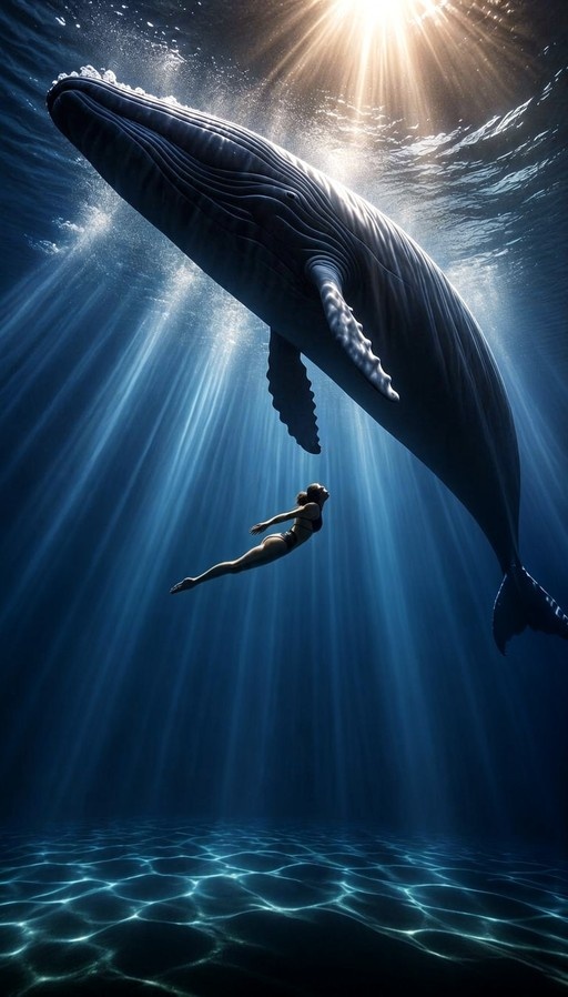 A woman in a black swimsuit swims underwater looking up at a large whale with sun rays shining through the water.
