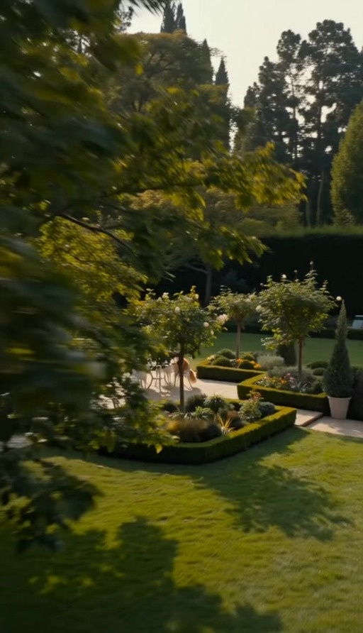 A group of fluffy Persian cats wearing sunglasses and a monocle sit around a white table in a garden for an elegant tea party.