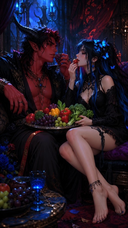 A red-skinned male demon with black horns feeds a grape to a blue-haired female adorned with butterfly hair ornaments as they share a large platter of fresh produce in a dimly lit room.
