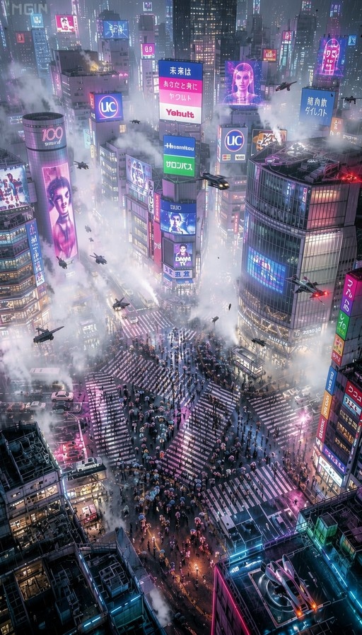 Aerial view of a cyberpunk city at night with crowds crossing the street and flying vehicles among neon-lit skyscrapers.