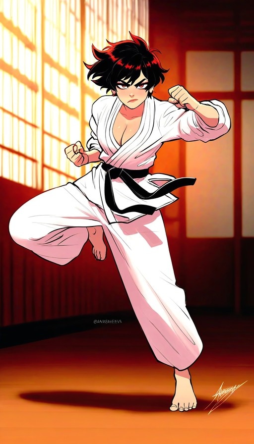 An anime girl with short black and red hair wearing a white karate gi and black belt poses in a fighting stance inside a sunlit dojo.