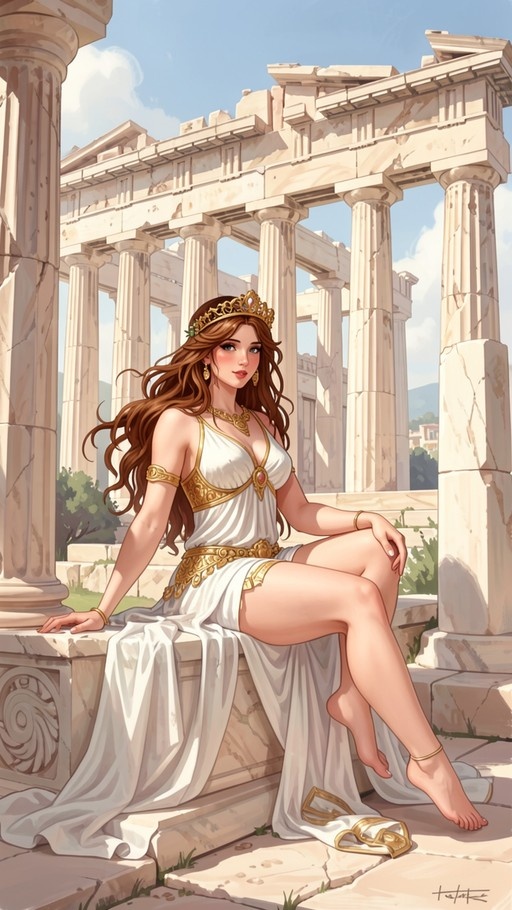 A barefoot woman wearing a golden crown and white gown sits on ancient stone steps surrounded by large classical columns under a blue sky.