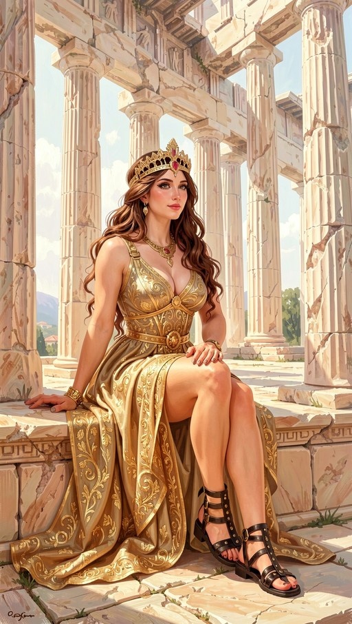 A woman with long brown hair wearing a gold crown and ornate golden dress sits on stone steps among ancient Greek ruins under a blue sky.