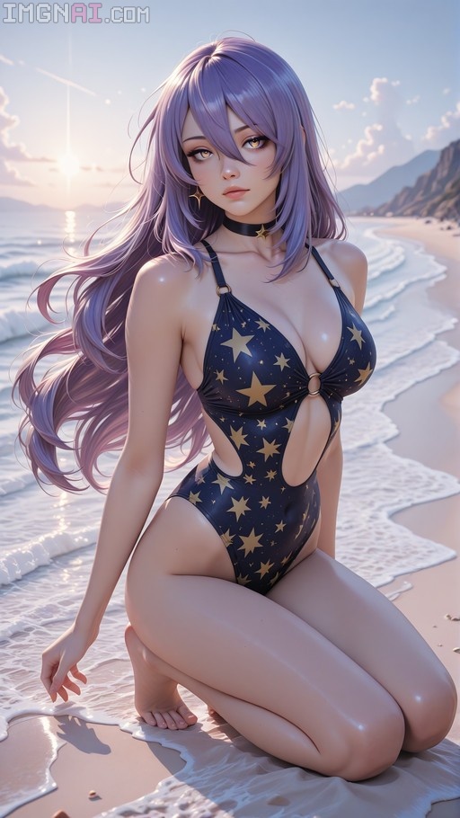 Moona Hoshinova kneeling on a sandy beach in a blue star-patterned swimsuit with a sunset background.