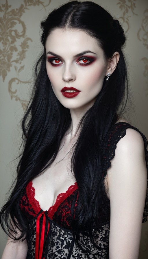 A realistic portrait of a pale woman with long black hair and glowing red eyes, wearing a black lace top with red trim and dramatic dark eye makeup.