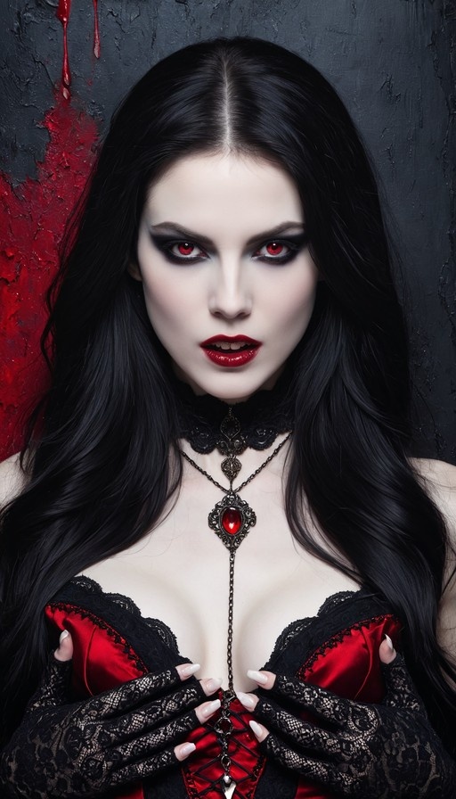 A realistic portrait of a pale vampire woman with long black hair and glowing red eyes, wearing a red corset with black lace trim and fingerless gloves, standing against a dark wall with dripping blood.