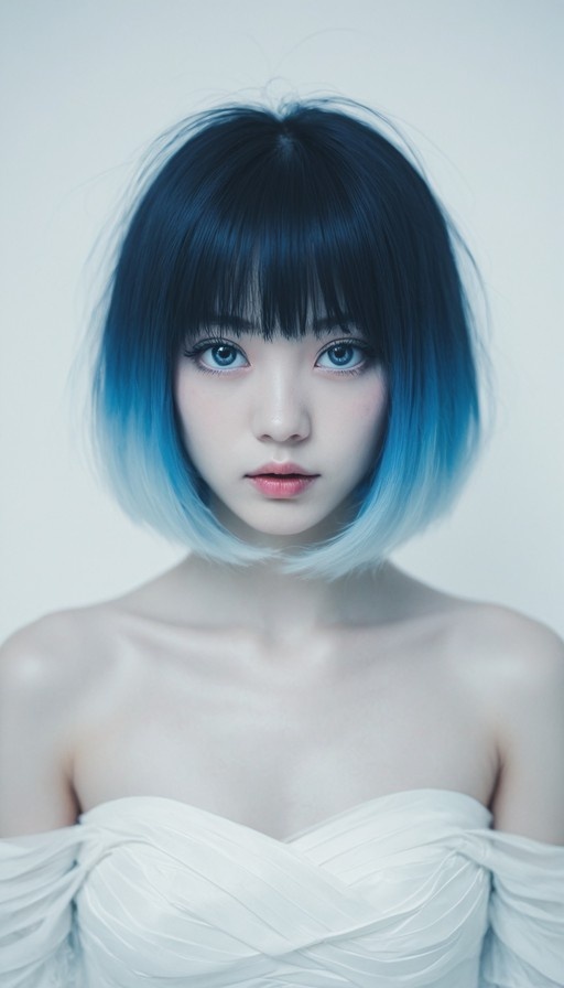 A realistic portrait of a young woman with blue eyes and a black-to-blue gradient bob haircut wearing a white off-shoulder dress.