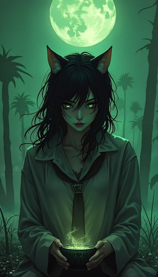 A digital illustration of a young woman with black hair and cat ears, wearing a loose shirt and tie, holding a steaming bowl under a large full moon in a misty forest.