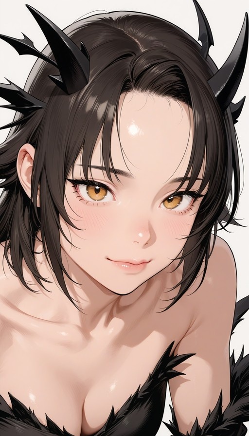 Close-up digital portrait of a blushing anime girl with short dark hair, large amber eyes, and prominent black horns wearing feather-trimmed attire.