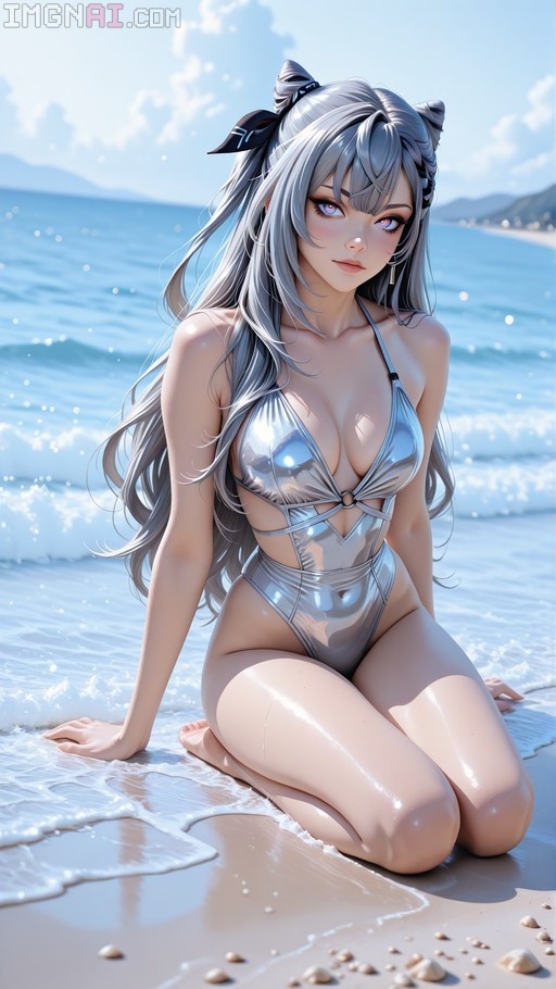 Vestia Zeta kneeling on a sandy beach in a metallic silver swimsuit with her long grey hair flowing behind her.