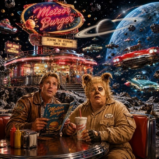 Two characters dining at the Meteor Burger in outer space with flying cars and planets in the background.
