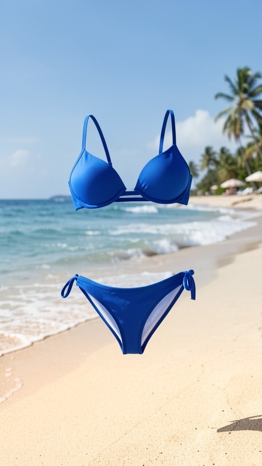 A bright blue two-piece swimsuit suspended in mid-air against a blurred tropical beach background featuring ocean waves and palm trees.