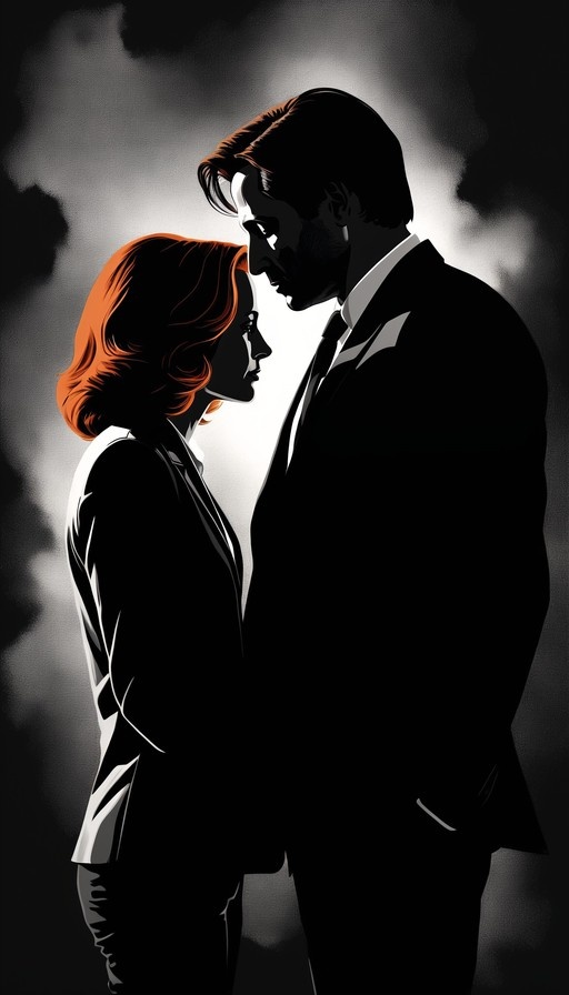 A high-contrast noir illustration of a man and woman in suits facing each other in profile, featuring spot color on the woman's orange hair.