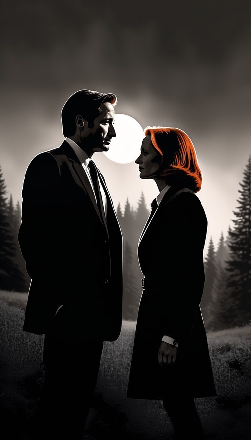 Fox Mulder and Dana Scully standing face to face in a forest under a full moon