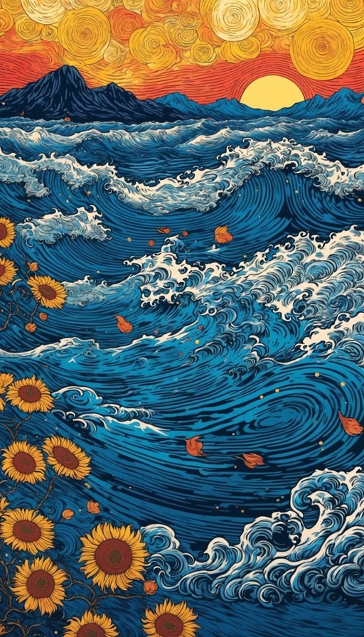 Digital illustration of crashing blue ocean waves with yellow sunflowers in the foreground and a swirling orange sunset sky.