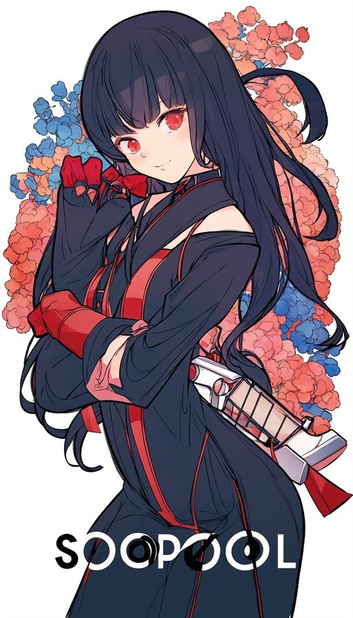 Soopool standing with a katana against a white background with pink and blue flowers.