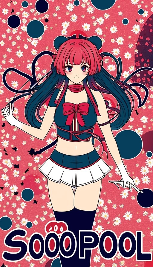 Anime girl with red and blue hair in a sailor suit standing against a pink floral background.