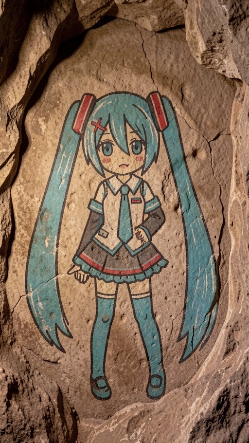 A drawing of Hatsune Miku on a rock wall styled like ancient cave art.