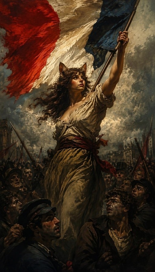 A cat-eared woman in a tattered dress holds a French tricolor flag high above her head while leading a crowd of armed men in a dramatic, oil-painting style scene reminiscent of Liberty Leading the People.