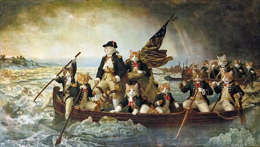 A digital painting parody of Washington Crossing the Delaware showing George Washington standing in a boat surrounded by cats in Revolutionary War uniforms crossing icy water with an American flag.