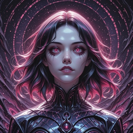 A digital portrait of a pale-skinned anime-style girl with pink eyes and black hair featuring pink highlights, wearing intricate metallic armor against a cosmic background.