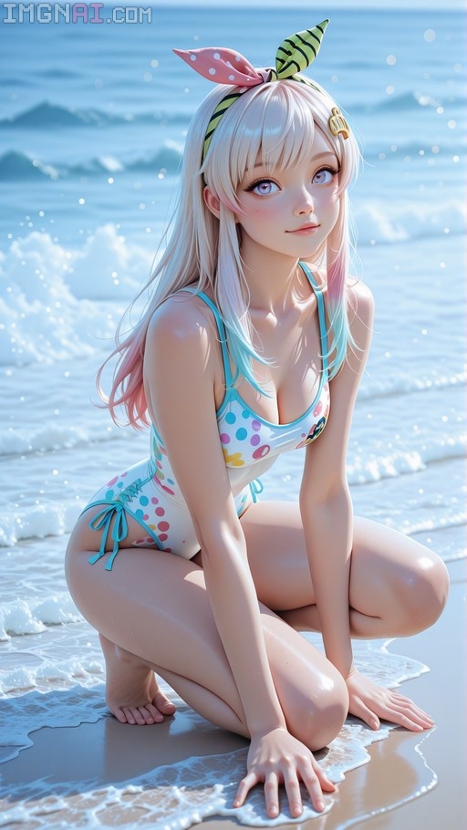 Airani Iofifteen squatting on the beach in a colorful polka dot swimsuit.