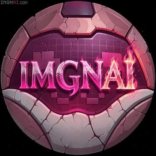 A circular logo design featuring glowing pink letters on a dark grid background, framed by cracked stone segments with flames on the right side.