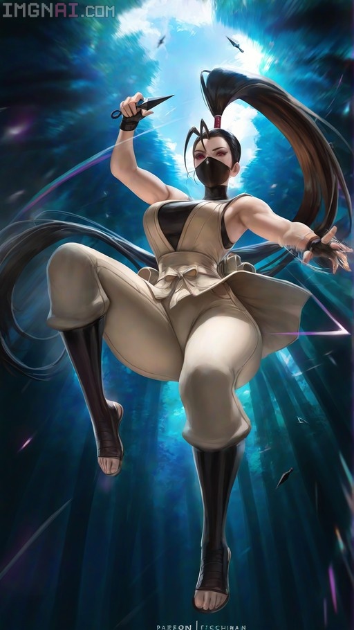 Street Fighter's Ibuki leaps through the air in a beige ninja outfit, throwing kunai knives against a blue forest background.