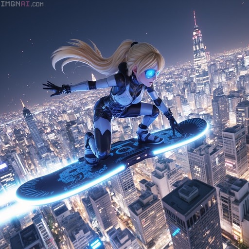 A blonde anime girl in a futuristic bodysuit rides a glowing blue hoverboard through the night sky above a sprawling cyberpunk cityscape.