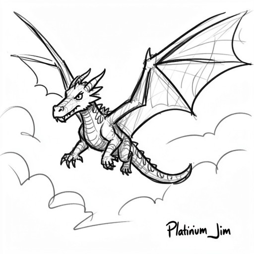 A black and white sketch of a western dragon flying with wings spread among clouds.
