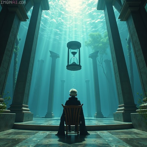 A white-haired boy in a black robe sits on a wooden chair facing away, watching a large floating hourglass in an underwater chamber with stone pillars and sunlight.