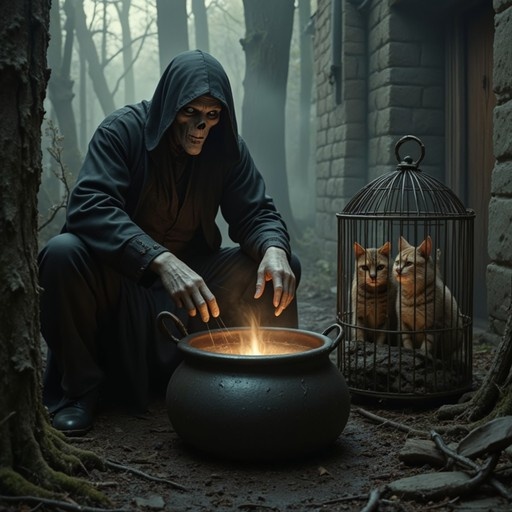A skeletal figure in a dark hood squats by a glowing cauldron in a misty forest while two orange cats watch from a nearby wire cage.