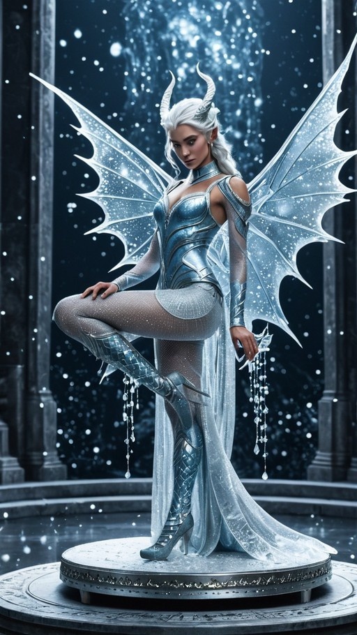 A full-body shot of a fantasy demoness with white hair and curved horns standing on one leg on a pedestal. She has large translucent icy wings and wears a metallic blue bodysuit with high boots against a dark background with falling snow.