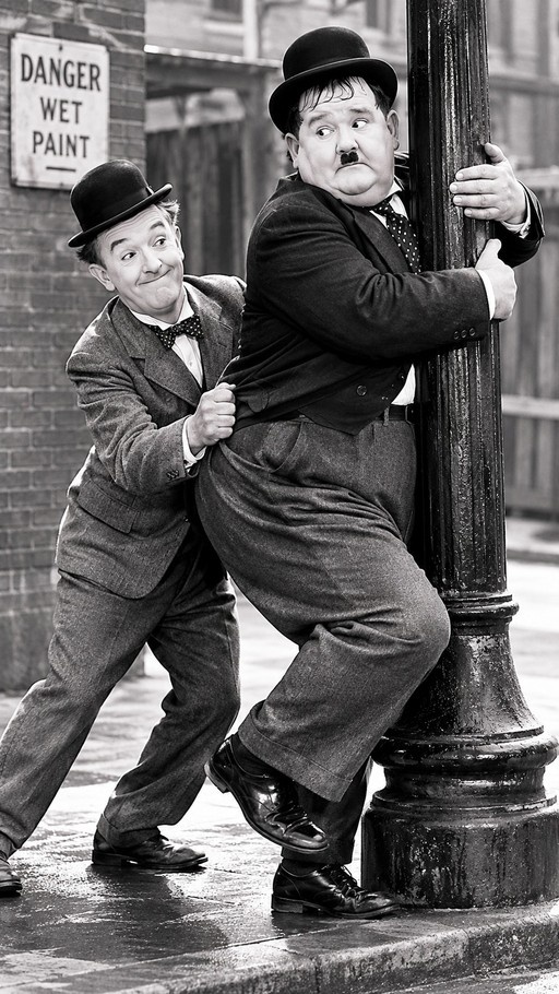 A black and white photograph of Stan Laurel pulling the trousers down on Oliver Hardy as he leans against a lamppost near a danger wet paint sign.