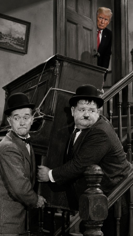 Laurel and Hardy carry a piano up stairs while Donald Trump watches from the doorway.