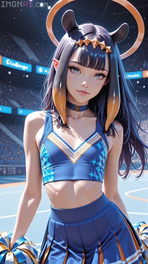 Ninomae Ina'nis in a blue and gold cheerleader uniform holding pom-poms on a stadium court.